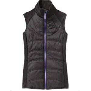 Athleta Flashback Embroidered Full Zip Vest Size M Black Purple Puffer Fleece G5